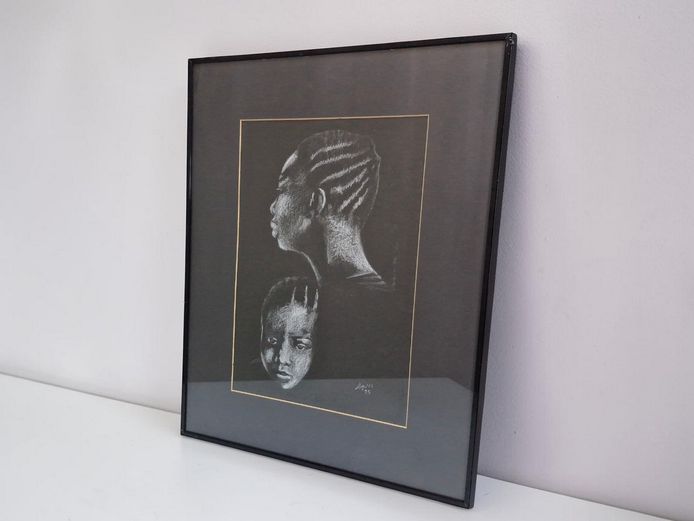 Original Portrait of Mother and Child "Davis '95" Charcoal Framed Sketch