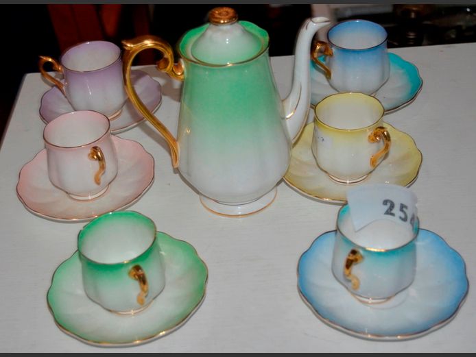 ROYAL ALBERT "RAINBOW" 15-PIECE PART TEA SET: 6 x DUOS, TEAPOT & SUGAR BOWL [Chips to 1 cup, teapot lid cracked]