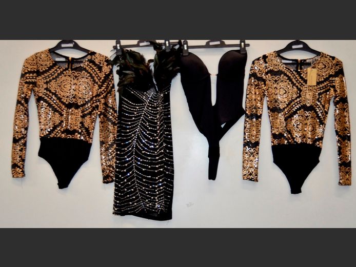 SEQUINED & FEATHERED MINI DRESS & 3 x BODYSUITS [Various sizes]