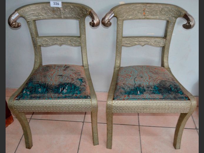 PAIR ANGLO-INDIAN SILVER METAL CLAD CHAIRS WITH RAM'S HEAD ENDS [Needs re-covering]