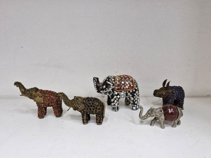 Mixed Lot of 5 Ornate Elephant & Rhino Figures - Metal Filigree & Mosaic Detail