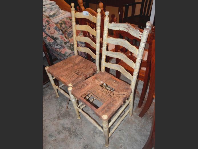 PAIR CREAM PAINTED DINING CHAIRS WITH ROPE SEATS [In need of restoration]