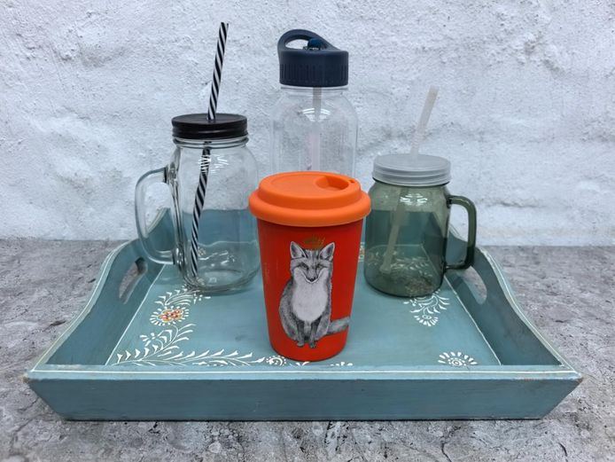 Assorted Drinkware Collection with Hand-Painted Wooden Serving Tray