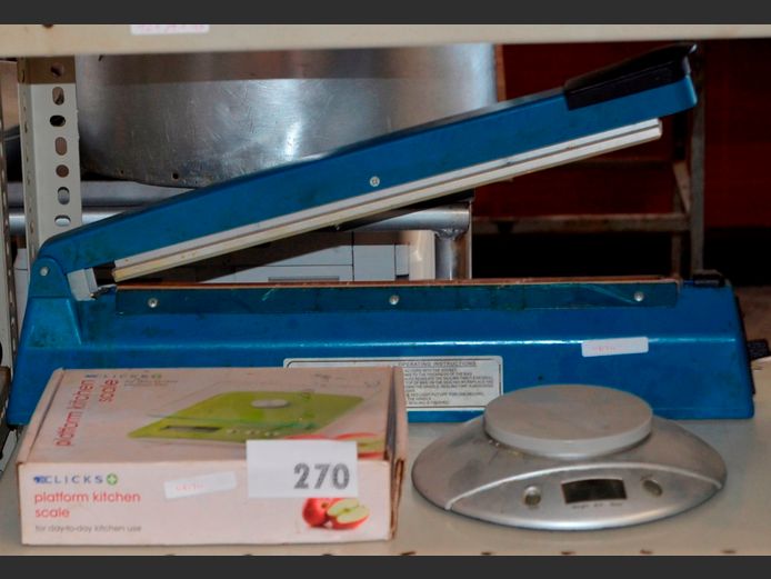 CLICKS KITCHEN SCALE, AMBER KITCHEN SCALE & A PTS PLASTIC FILM SEALER [Switches on, untested further]