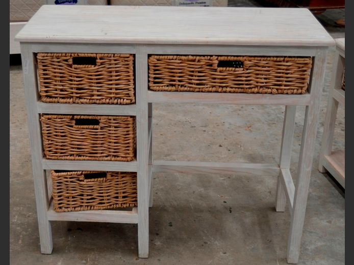 WHITE WASHED 4 WICKER DRAWER DRESSING TABLE, 93 x 39 x 80cm [No mirror]