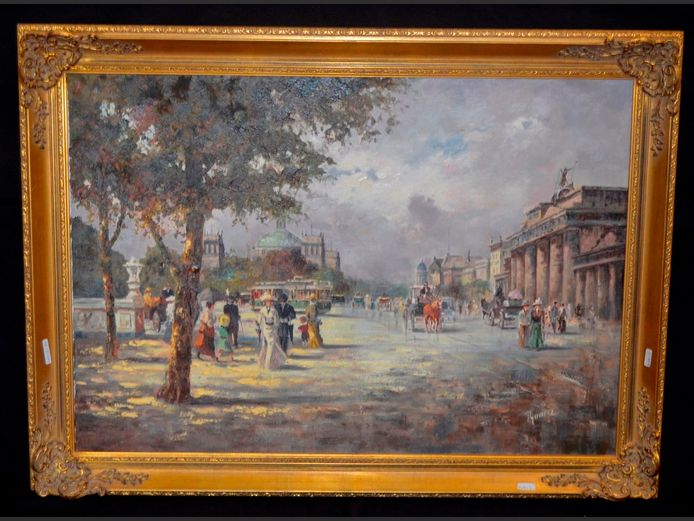 GILT ORNATELY FRAMED OIL ON CANVAS "STREET SCENE" SIGNED THONIA, 98 x 68cm