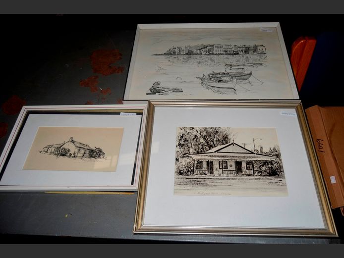 LOT OF 3 FRAMED PRINTS: MAMRE, MILLWOOD HOUSE KNYSNA & MYKONOS, 49 x 34cm, 27 x 20cm & 24.5 x 13.5cm