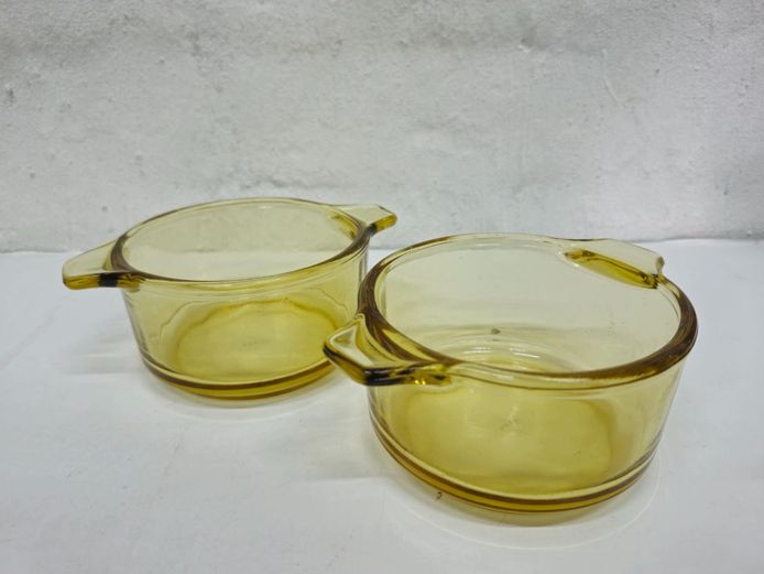 Pair of Mid-Century Amber Glass Handled Ramekins / Cocottes