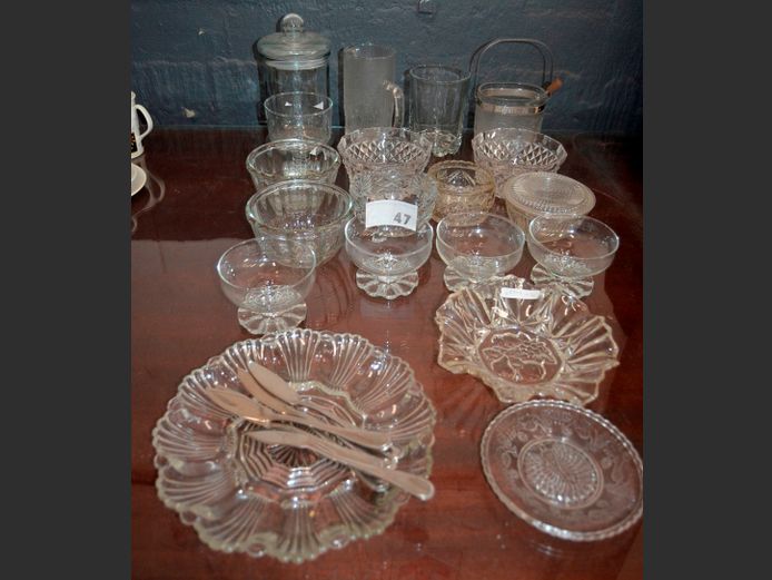 CUT GLASS BOWLS, GLASS ICE BUCKET, PLATTER, FISH KNIVES, etc