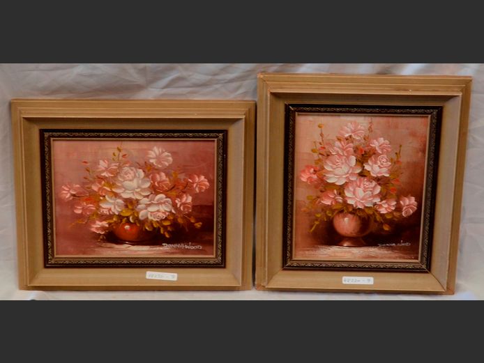 PAIR FRAMED OILS ON BOARD "STILL LIFE" SIGNED DONNA WOOD