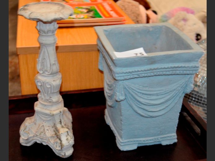 CONCRETE PLANTER, 23 x 23 x 30cm, & CANDLE STAND, 39cm High