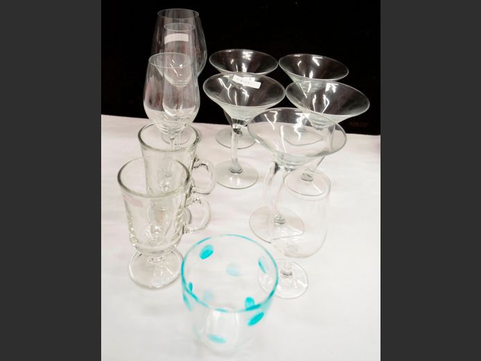 ASSORTED DRINKING GLASSES: MARTINI, WINE, etc