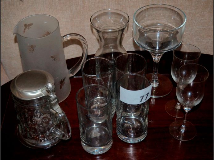 GLASS BEER STEIN WITH PEWTER LID, SET OF 4 HIBALL GLASSES, FROSTED GLASS PITCHER, etc