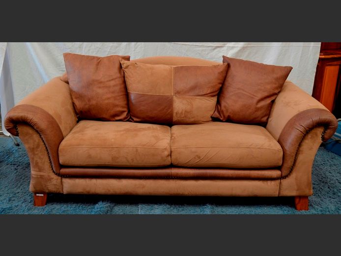 GRAFTON EVEREST BEIGE & BROWN SUEDE & LEATHER 2-SEATER COUCH