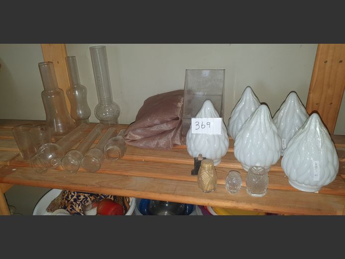 LOT: ASSORTED GLASS LAMP SHADES, CUT GLASS SHAKER, etc