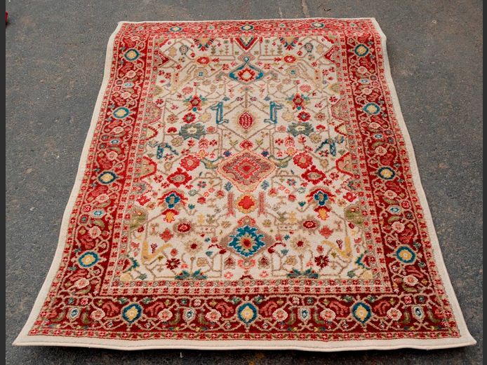 BEIGE, BURGUNDY & BLUE WOOL RUG, 120 x 160cm