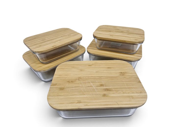 Set of 5 Glass Storage Dishes with Bamboo Lids