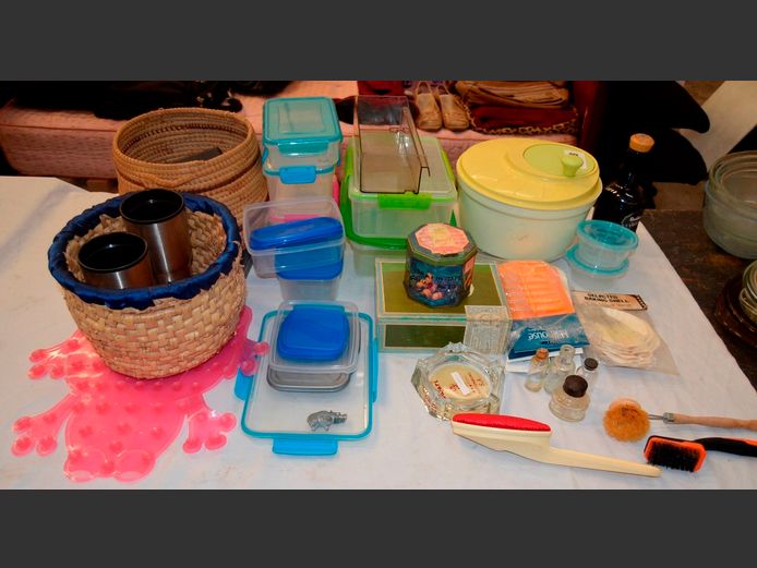 WOVEN BASKETS, SALAD SPINNER, STORAGE CONTAINERS WITH LIDS, etc