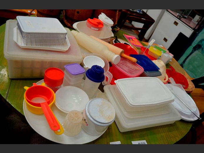 ASSORTED PLASTIC STORAGE CONTAINERS, JUGS, FUNNELS, etc