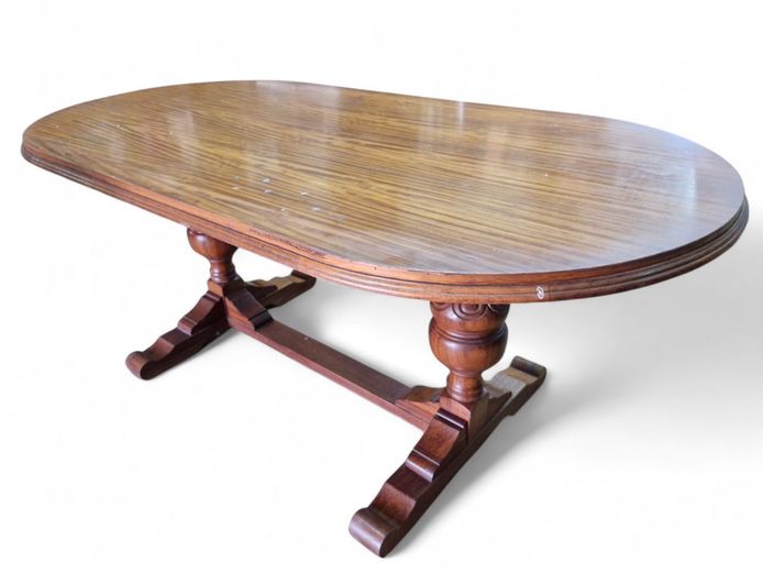 Vintage Solid Wood Oval Dining Table on Carved Pedestal Base