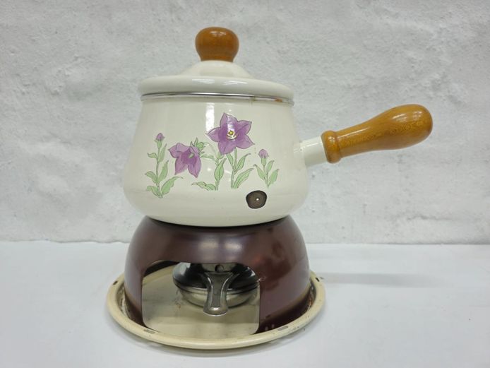 Vintage Floral Enamelware Fondue Set with Stand & Burner