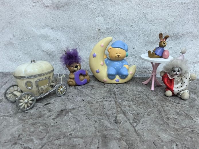 Lot of Whimsical Nursery Figurines, Trinkets, and Plastic Carriage