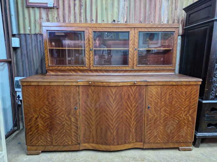 Walnut Art Deco Sideboard with Beveled Glass Doors