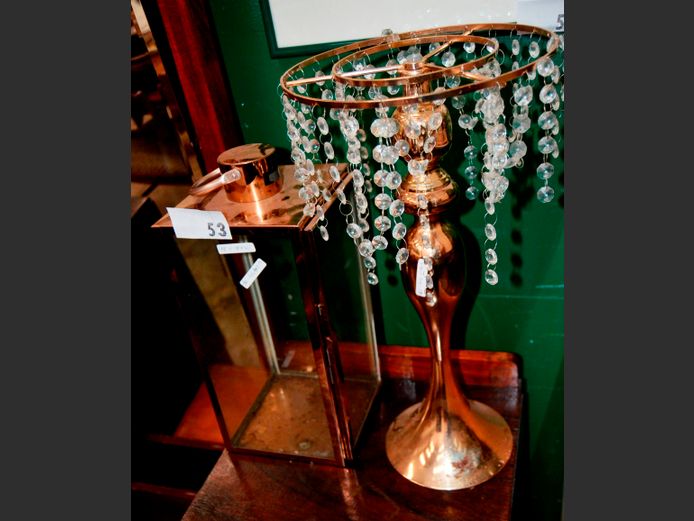 GLASS ORNAMENT & BRASS & GLASS HURRICANE CANDLE LANTERN