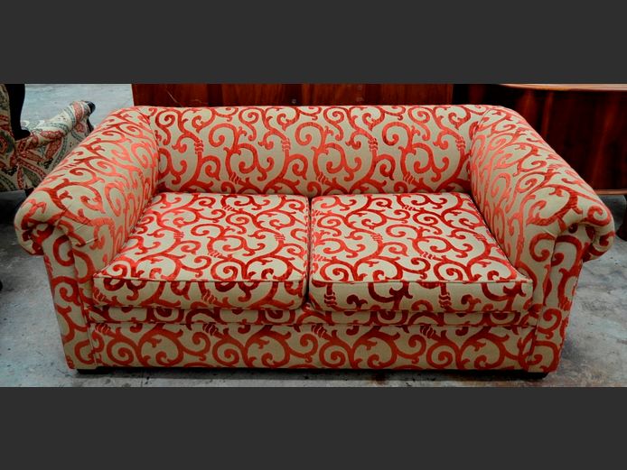 BURGUNDY & BEIGE UPHOLSTERED 2-SEATER COUCH, 170 x 100cm [Faded in places]