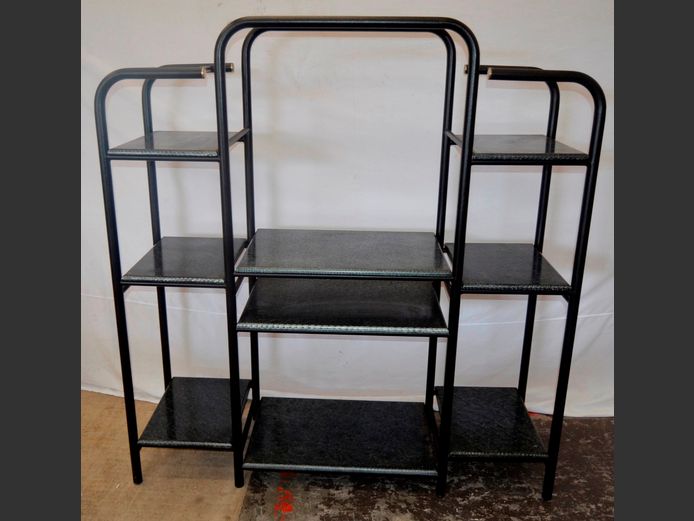 BLACK METAL 9-TIER TV STAND, 147 x 45 x 156cm, & A BLACK CD RACK