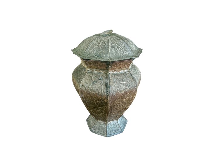 Ornate Embossed Metal Urn with Lid