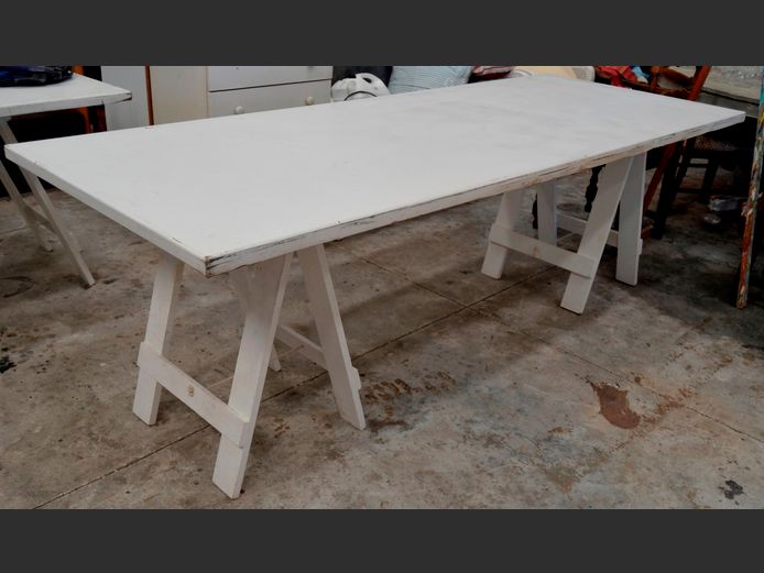 WHITE PAINTED TRESTLE TABLE, 240 x 92 x 75cm [Needs re-painting]