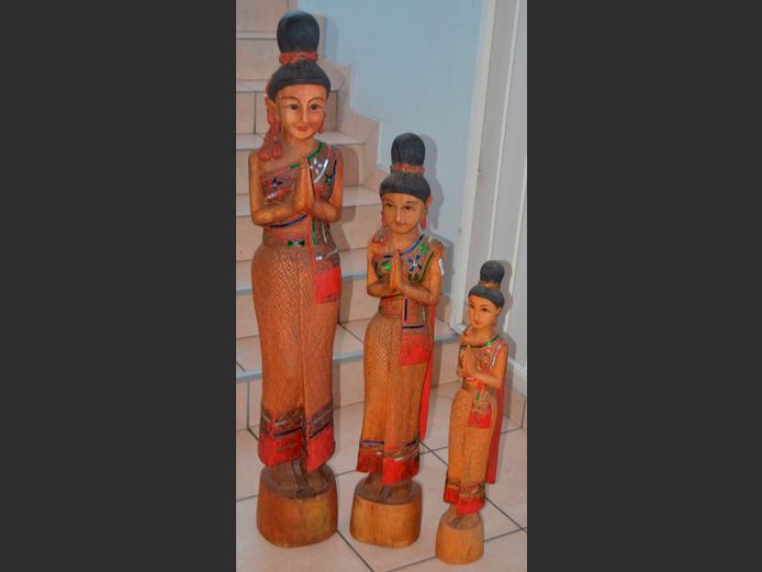 SET OF 3 CARVED THAI FIGURINES, 126cm High, 102cm High & 76cm High