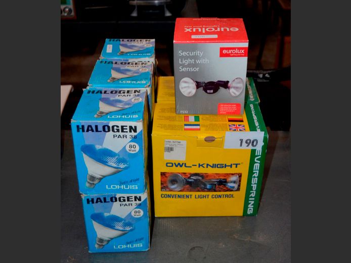 LOT: SECURITY LIGHTS WITH SENSORS & GLOBES [Condition unknown]