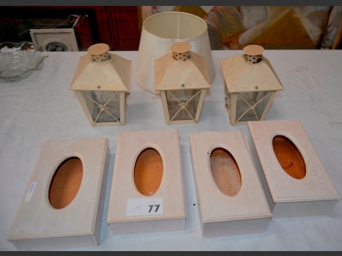 SET OF 3 METAL LANTERN STYLE CANDLE HOLDERS, WOODEN TISSUE BOXES, etc