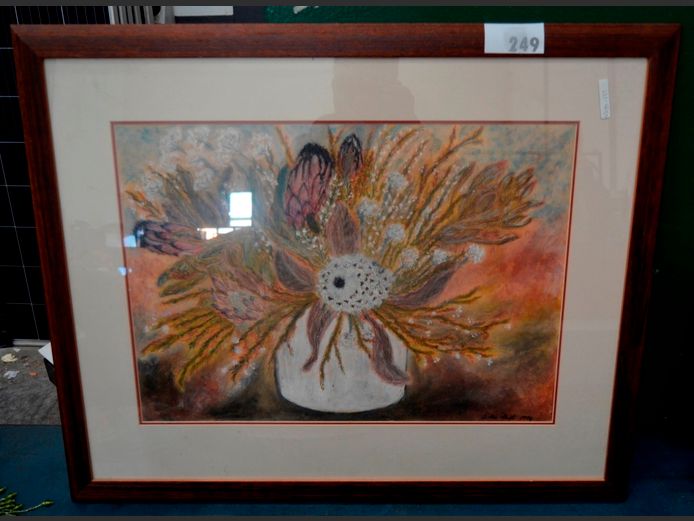 OAK FRAMED MIXED MEDIA "PROTEAS IN VASE", 57 x 40cm