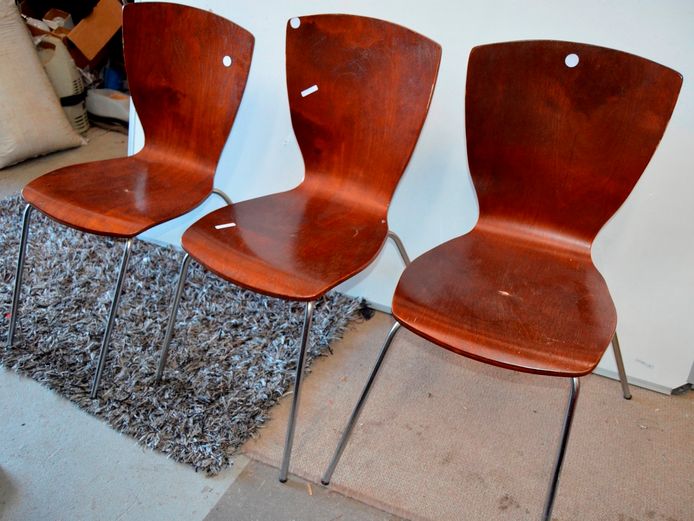 SET OF 3 MAHOGANY & CHROME ANT CHAIRS