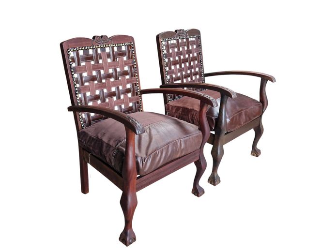 Pair of Vintage South African Imbuia Ball-and-Claw Armchairs