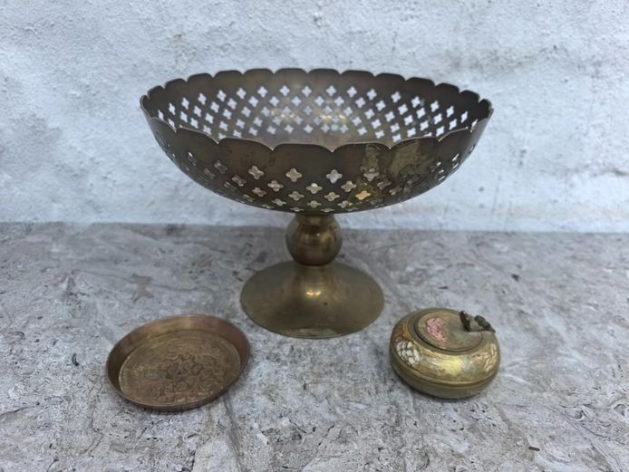 Pierced Brass Pedestal Bowl, Engraved Dish & Trinket Box