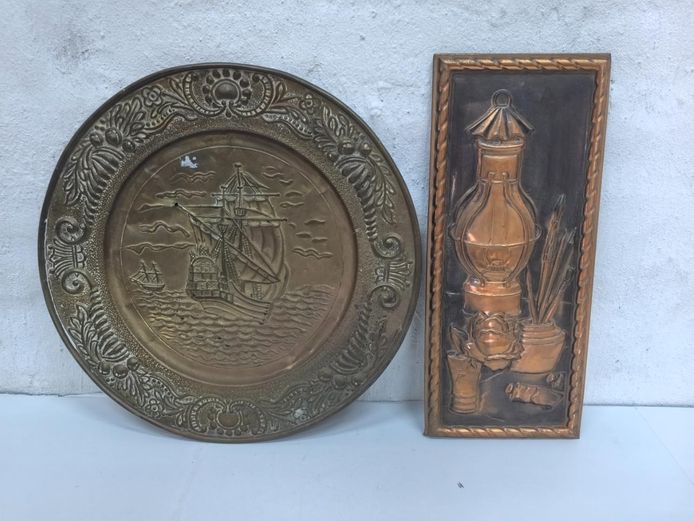 Vintage Brass Ship Charger & Copper Relief Wall Plaque Lot