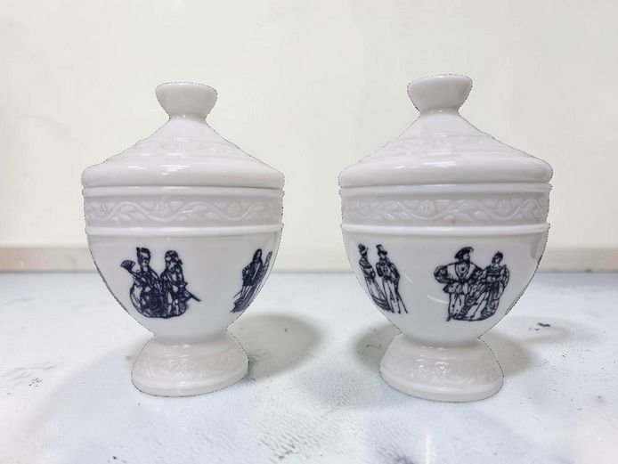 Pair of Vintage Milk Glass Pedestal Jars with Transferware
