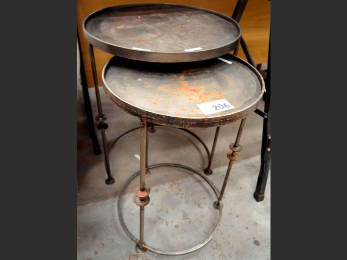 METAL NEST OF 2 SIDE TABLES, , 46cm Diameter x 61cm High & 38cm Diameter x 56cm High [Rusted]