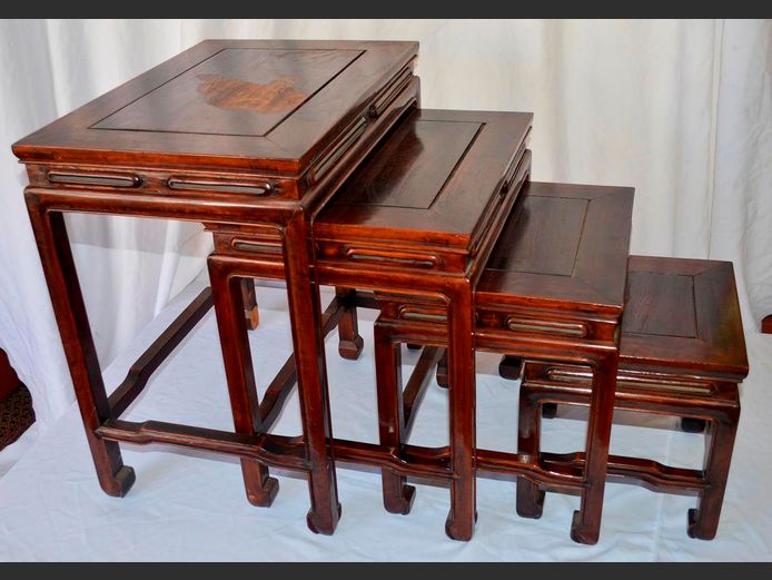 NEST OF 4 CHINESE ROSEWOOD TABLES, 48 x 36 x 50cm, 39 x 32 x 41cm & 29 x 30 x 31cm [Watermarks to top of largest table]