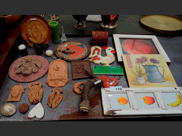 CERAMIC "INCA" WALL PLAQUE & OTHERS, SMALL CARVED JEWELLERY BOX, etc