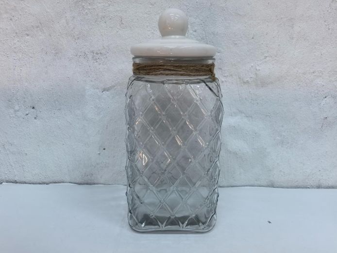 Large Embossed Diamond Pattern Glass Storage Jar with Ceramic Lid