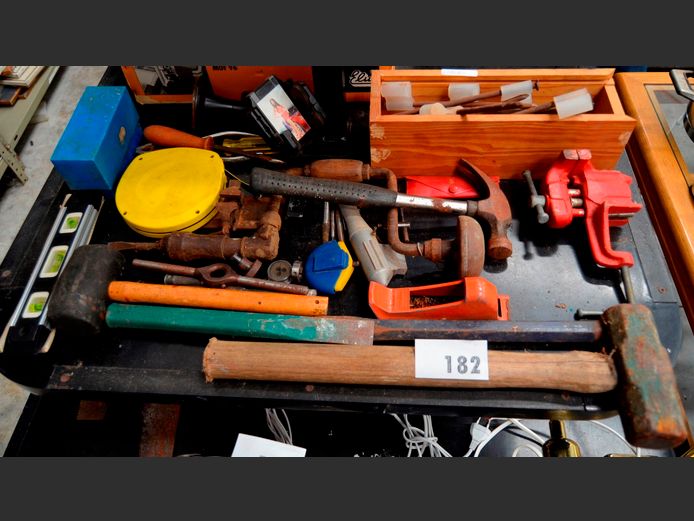 HAND DRILL, CHISELS, SMALL VICE, etc