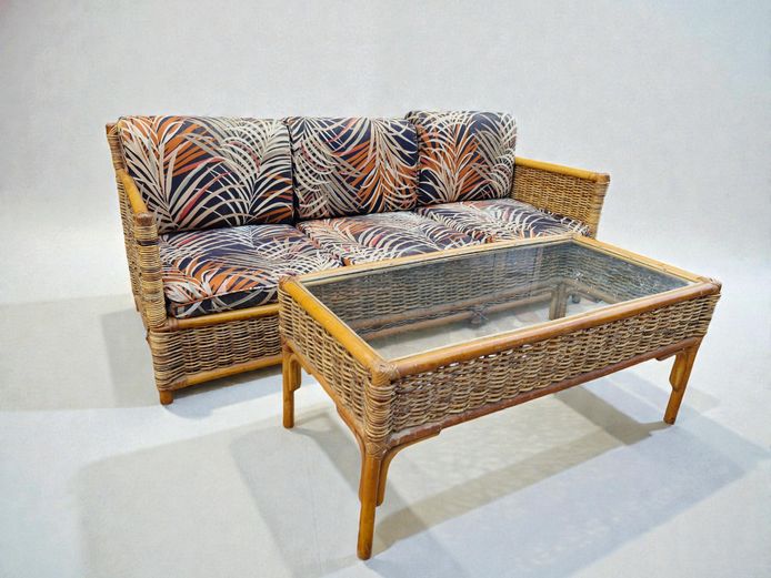 Large Three-Seater Rattan Sofa & Coffee Table with Glass Top
