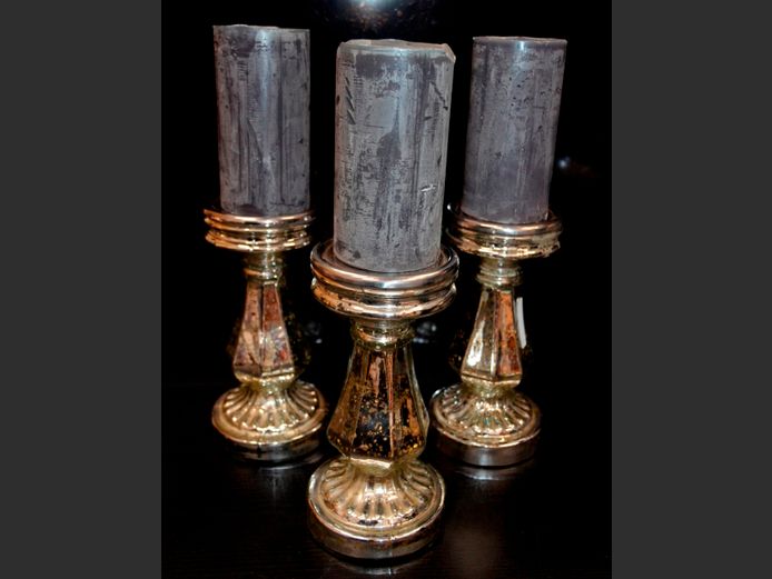 SET OF 3 MERCURY GLASS PILLAR CANDLE STANDS WITH CANDLES, 23cm High