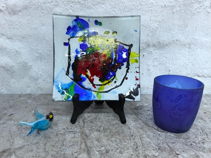 Abstract Display Plate with Blue Glass Votive & Glass Bird
