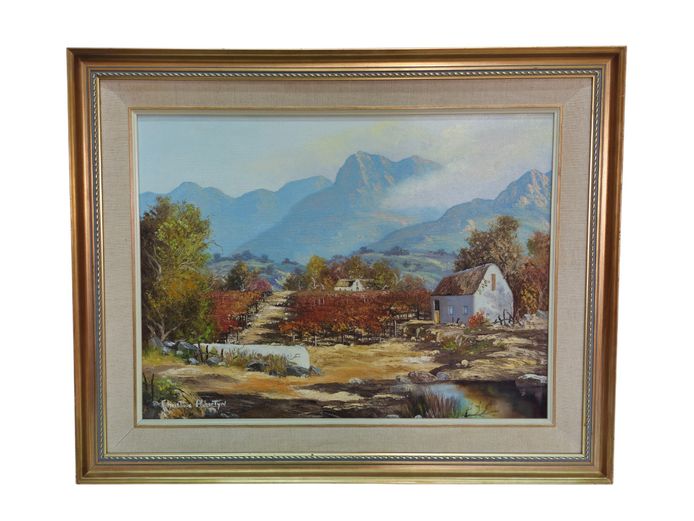20th-Century Christine Albertyn (SA) Cape Winelands Oil Landscape